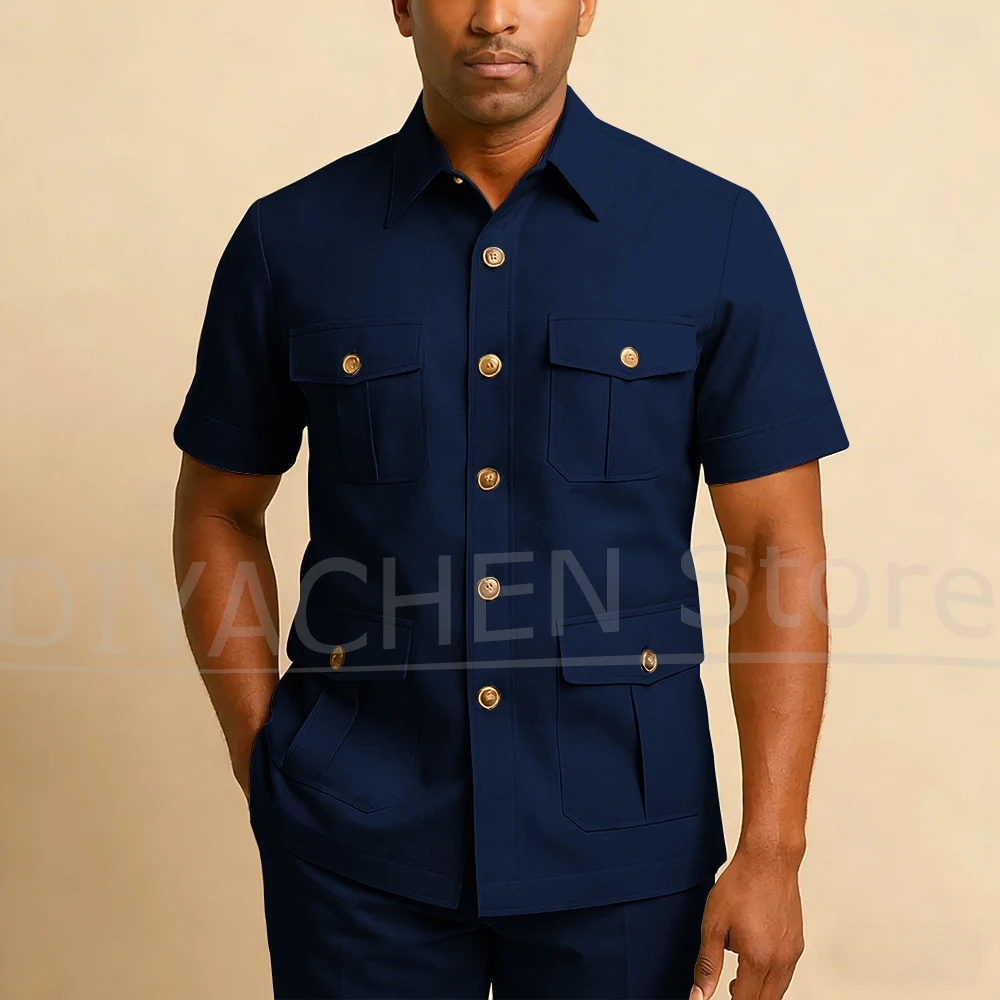 Men Short Sleeves Safari Suit Set 2 Piece Multi Pockets Blazer Pants for Casual Business Wedding Party Daily Wear Slim Fit
