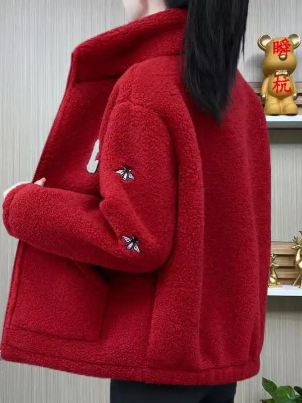 

Утепленная женская куртка из овечьего меха с длинными рукавами, воротником-стойкой, на молнии, однотонная, повседневная верхняя одежда из полиэстера