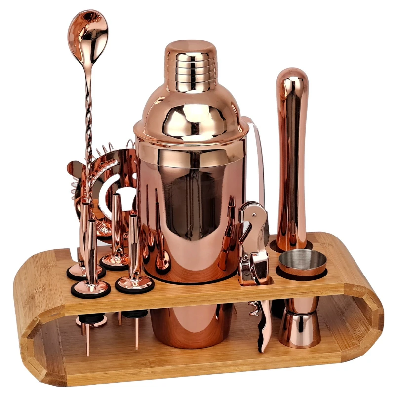 

Rose Gold Bartender Set 12-piece Oval Bamboo and Wood Frame Base Cocktail Bartending Bar Tools
