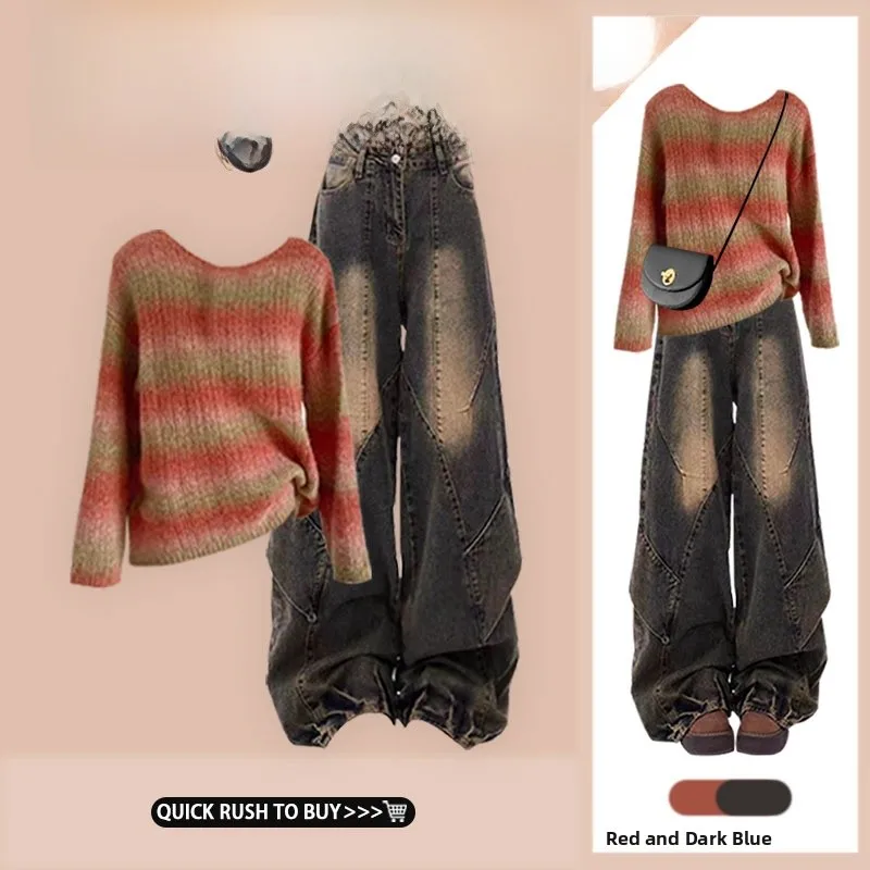 

Early Autumn Korean Sle Lazy Sweater High Waist Jeans Two-Piece Set Loose Fit Faionable Retro Trendy Women's Ensemble