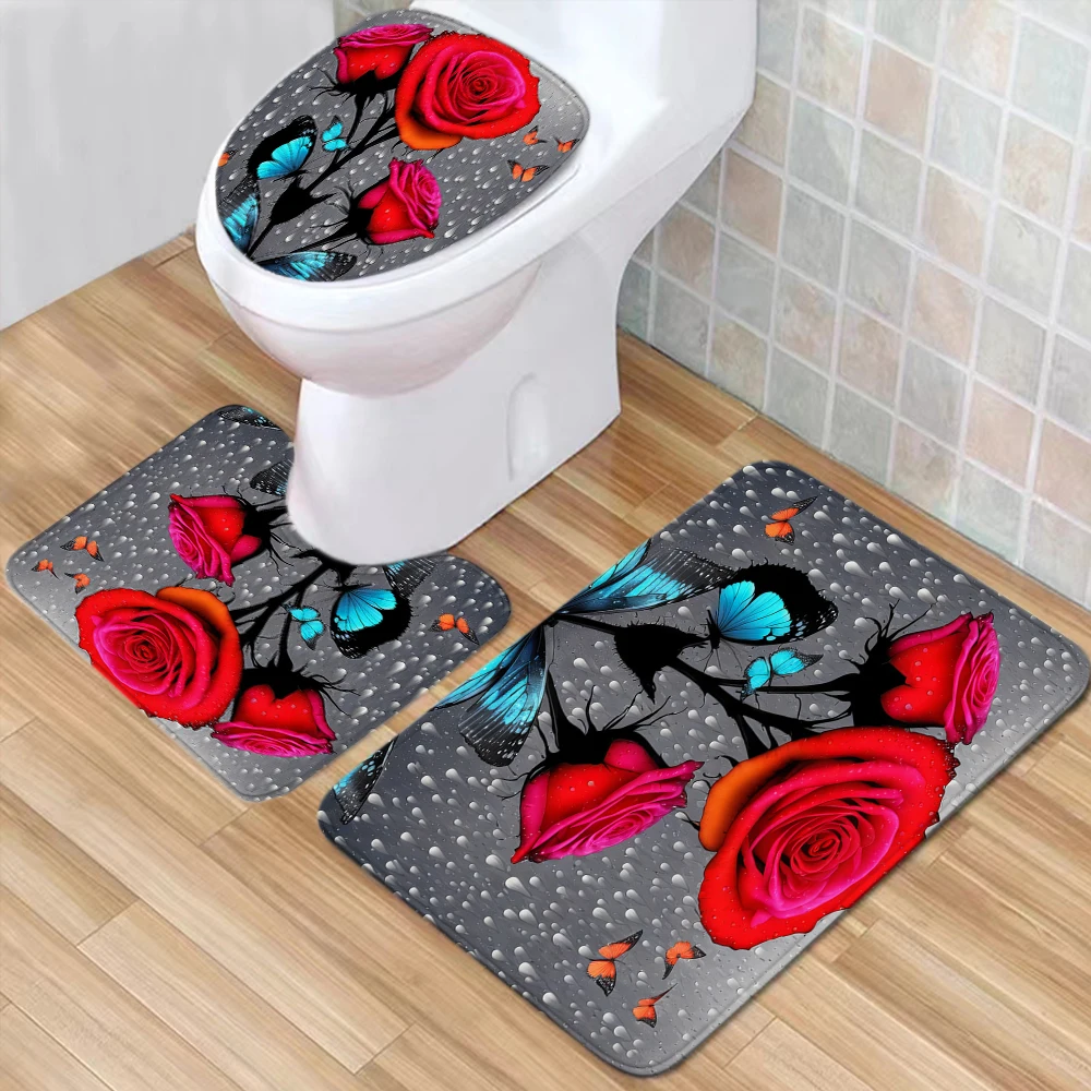 Bathroom Bathtub Bathing Waterproof Shower Curtain Home Entrance Doormat 4Pcs Set Toilet Seat Cover Rug Bath Anti-Slip Floor Mat