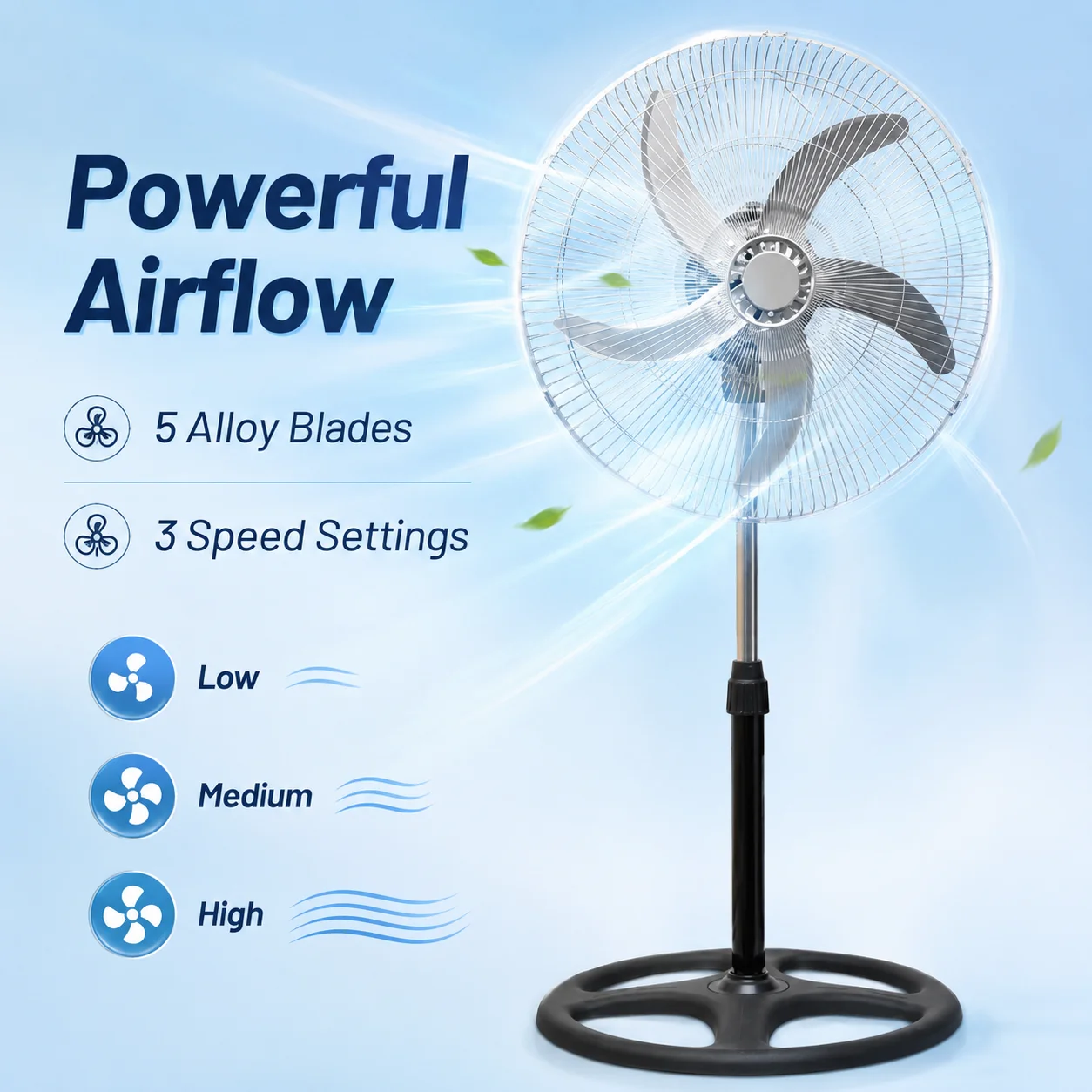 Ventilateur sur pied en métal pour la maison, 65W, 5 pales en aluminium, 3 vitesses, oscillation horizontale automatique, hauteur réglable 125cm, 220-240V