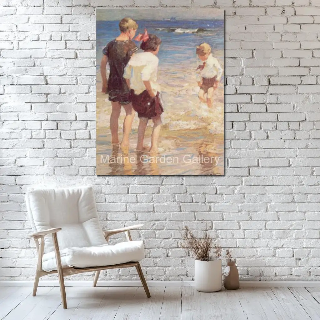 Children Playing at Beach Edward Henry Potthast Oil Painting Hand Painted Impressionist Seascape Canvas Art for Kid Room Nursery