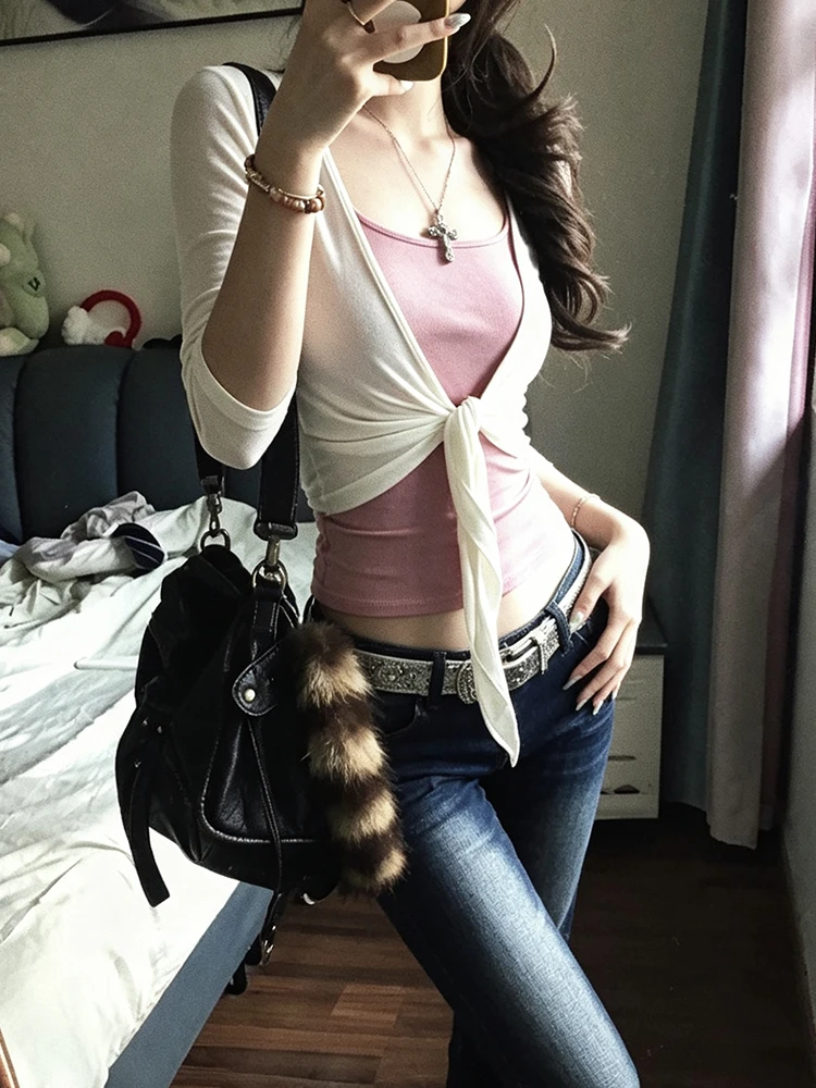 Genayooa Y2k Japanische Zweiteilige Oberteile für Damen Dreiviertel-Weißer Cardigan + Ärmelloses Camisole Streetwear Patchwork T-Shirts E-Girls – Detail 6