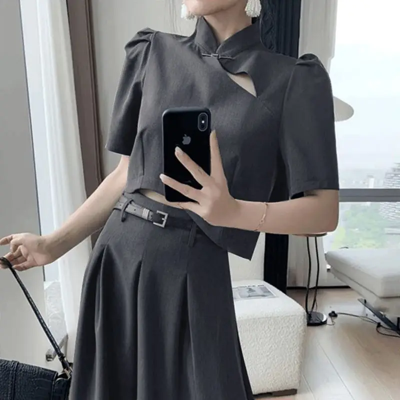 Summer Solid Color Ladies Suits Women Stand Collar Short Sleeve Hollow Out Fashion Pullovers Vintage Pleated Elegant A-line Skir