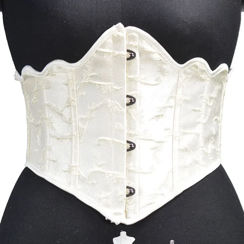 Women White Corset Crop Vintage Underbust Short 4 Button Embossed Waist Seal Bones Shaping Tops Waist Girdle Outwear For Dress