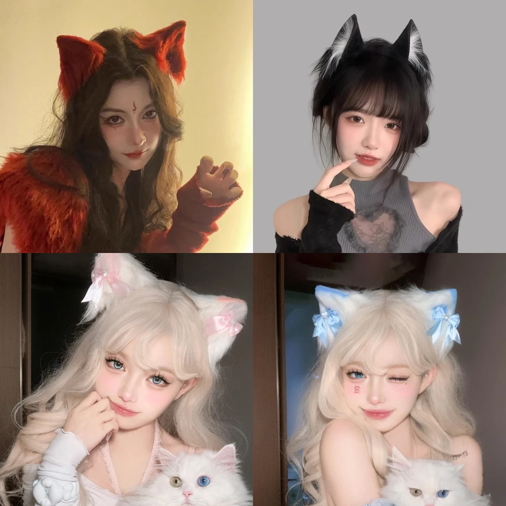 

Милая повязка на голову с кошачьими ушками, плюшевая, 3D, имитация ушей животных, для косплея, аксессуар для волос в стиле Лолита