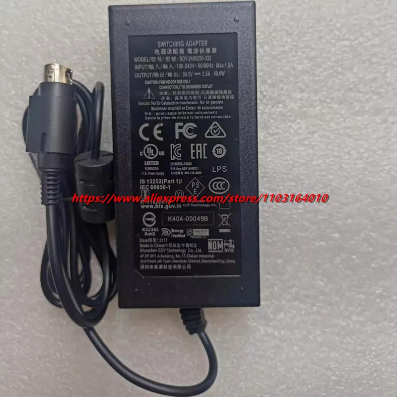 Genuine SOY SOY-2400250-332 24V 2.5A Switching Adapter AC DC Adaptor Charger 60W Printer Power Supply Original