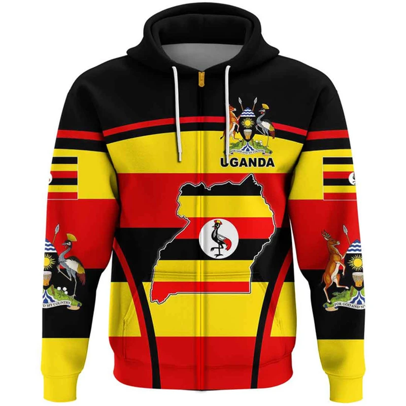 Hoodie Unisex com Bandeira País UGANDA, 3D Impresso Hoodies, Jaqueta Casual, Roupas Treino, Zip Streetwear, Vestuário Africano, 2024