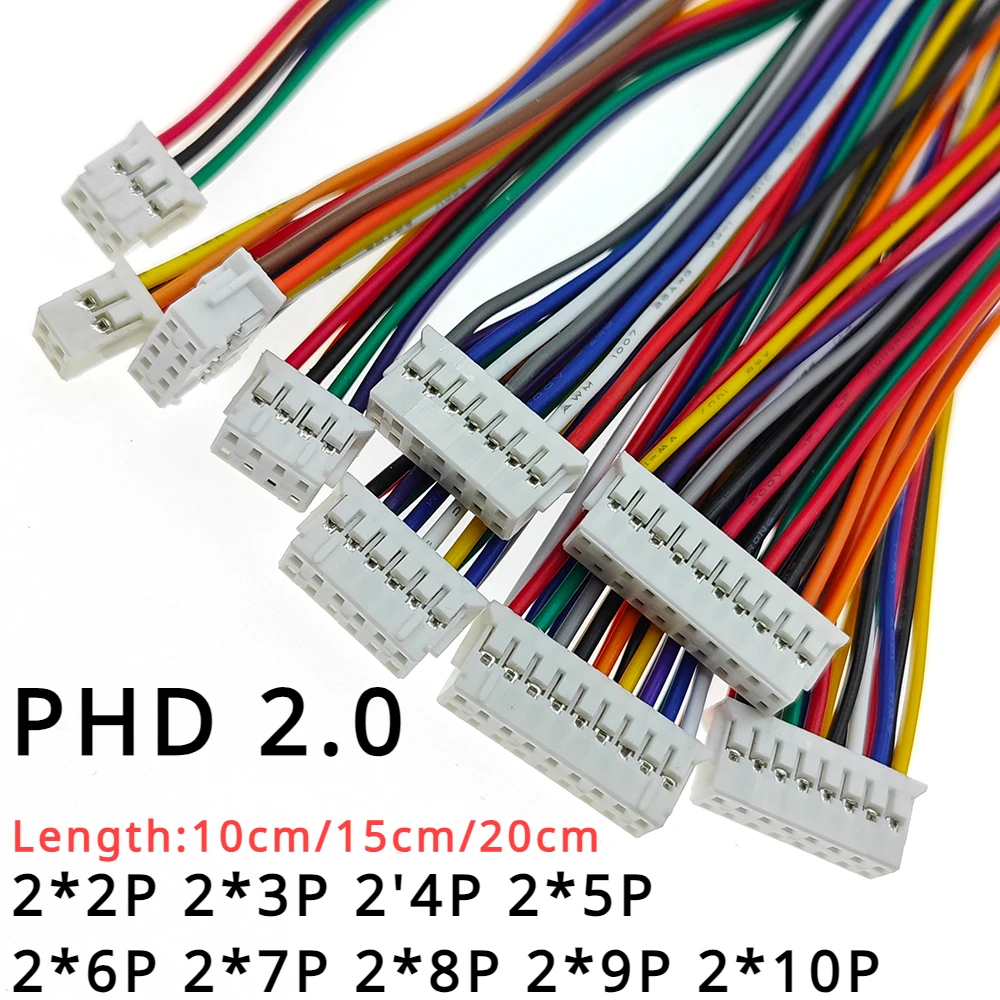 5pcs PHD 2.0mm Double Row Terminal Wire Connecting Wire 2*2/3/4/5/6/7/8/9/10p Single and Double Head Electronic Cable 1007-26awg