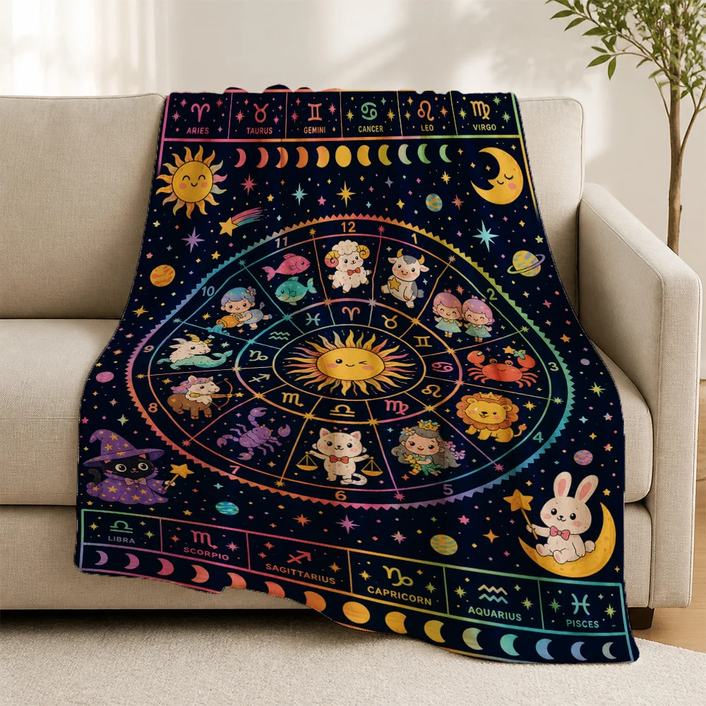 Cosmic Zodiac Constellation Throw Blanket Stars Galaxy Astrology Theme Boho Fleece Sofa Cover Couch Decor Winter Gift Witchy Mys