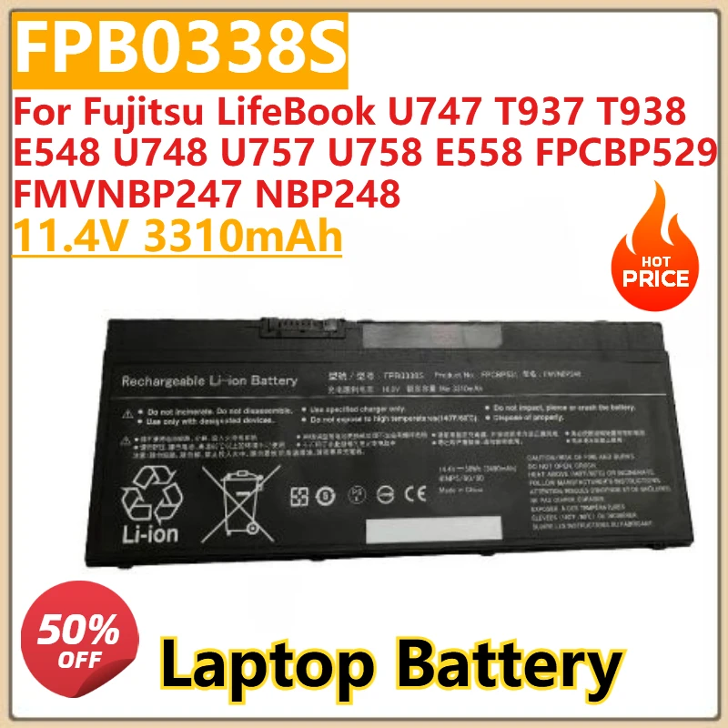 

New 11.4V 3310mAh FPB0338S Laptop Battery for Fujitsu LifeBook U747 T937 T938 E548 U748 U757 U758 E558 FPCBP529 FMVNBP247 NBP248