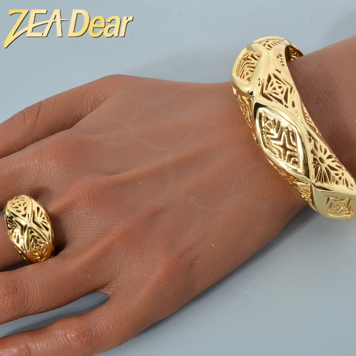 

ZEADear Jewelry Dubai Gold Color Bangle Ring 2 Pcs 18K Gold Plated Geometry Open Cuff Bracelet For Wedding Gift Indian Ethiopian