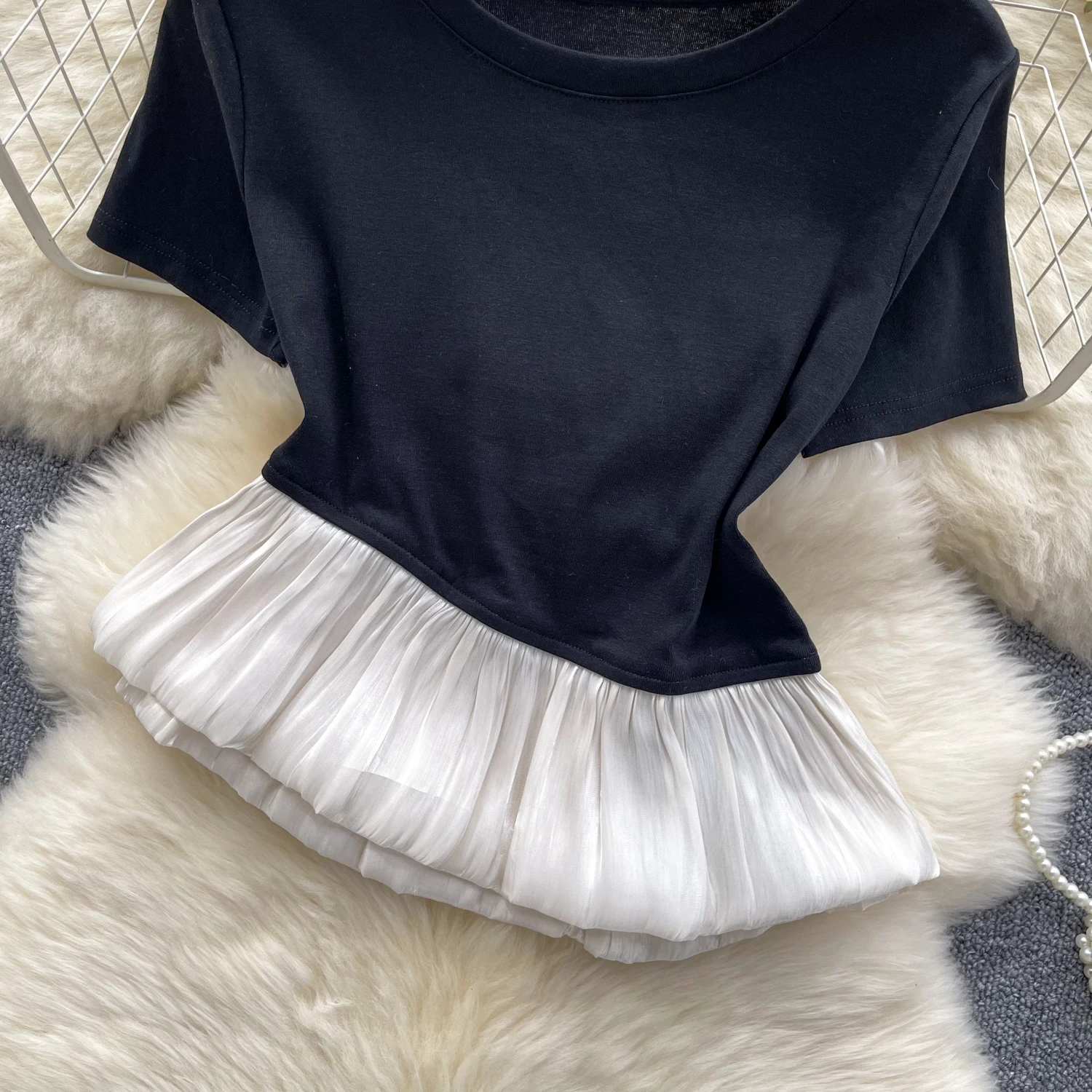 Chic Elegant sexy short sleeve o neck ruffle PATCHWORK t shirt Top Vintage Korean Fairy Crop Top basics summer Wome