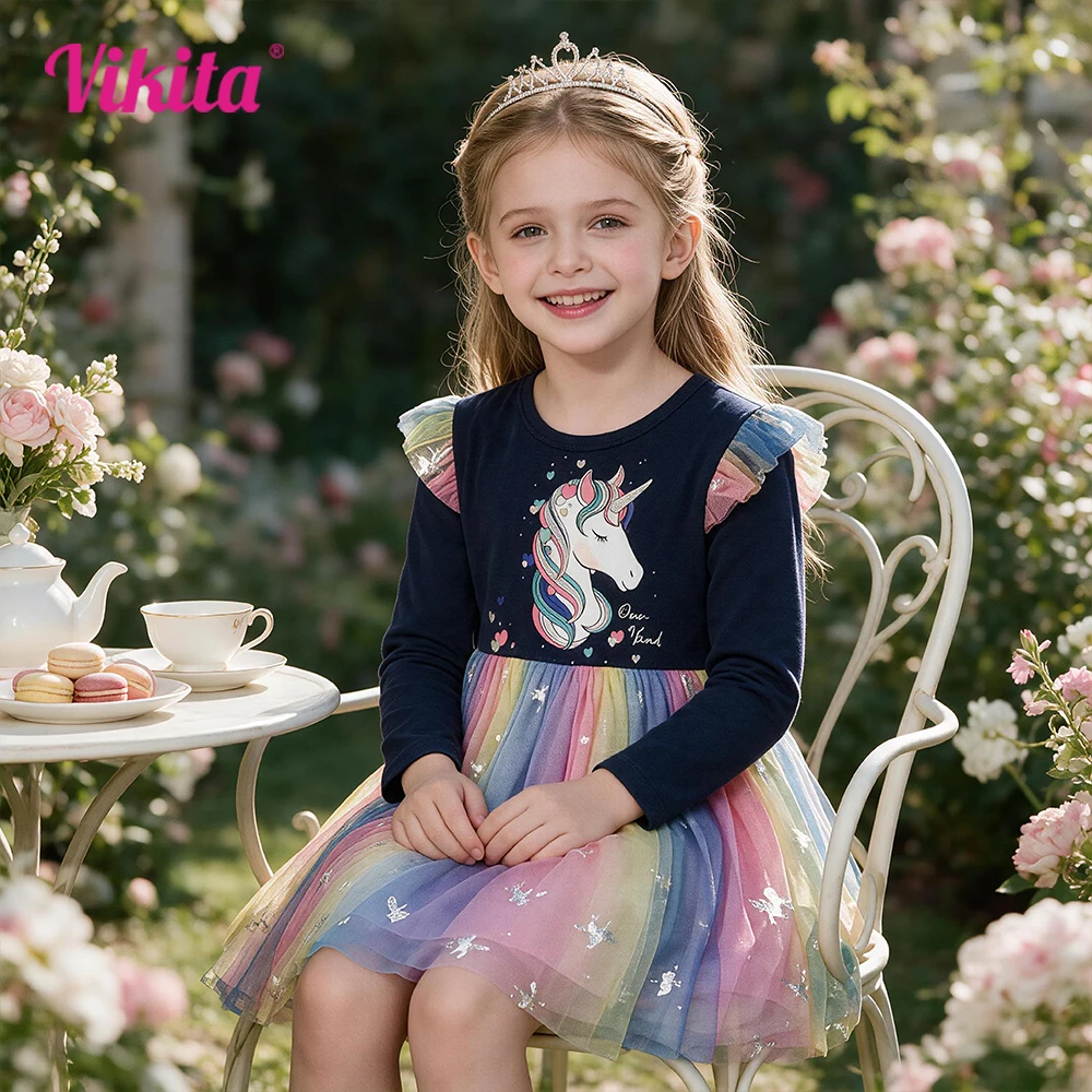 VIKITA Mädchen Einhorn Kleid für Herbst Frühling Kinder Baumwolle Casual Schule Kostüme Geburtstag Party Prinzessin Mesh Kleid für Mädchen