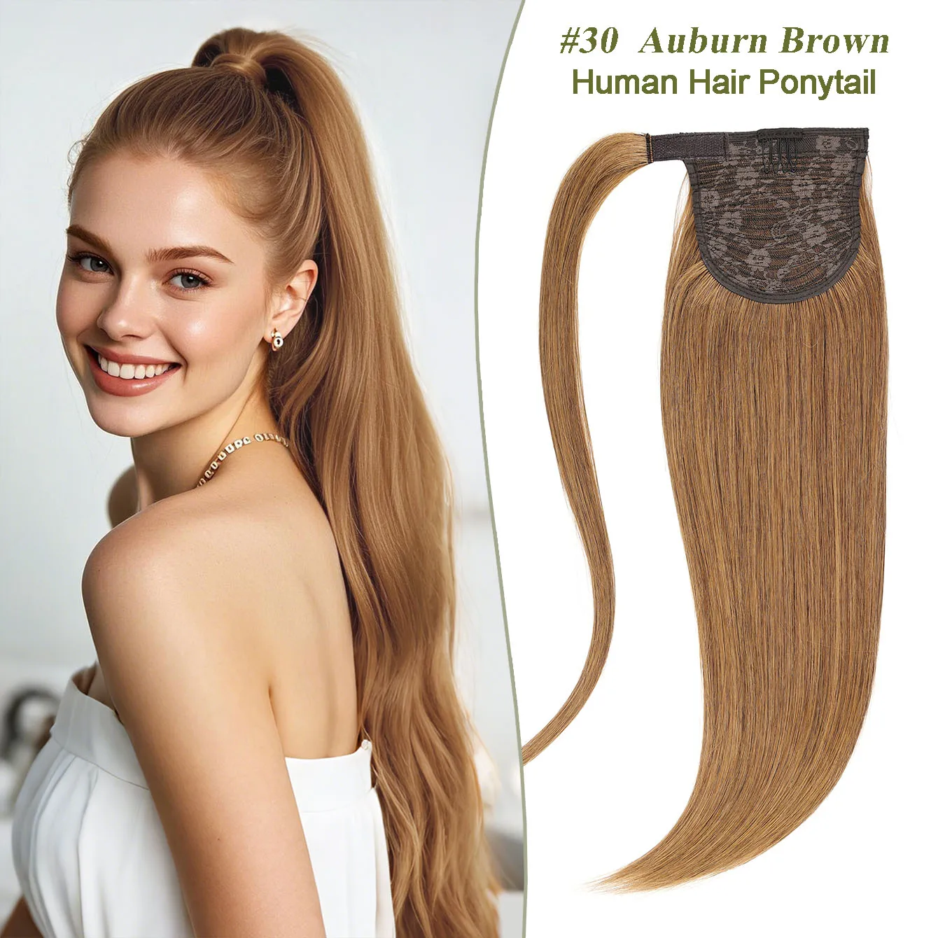Ponytail Extension #30Auburn Brown Natural Straight Human Hair Ponytail With Magic Paste Wrap Around Clip in Hair Piece Ponytail