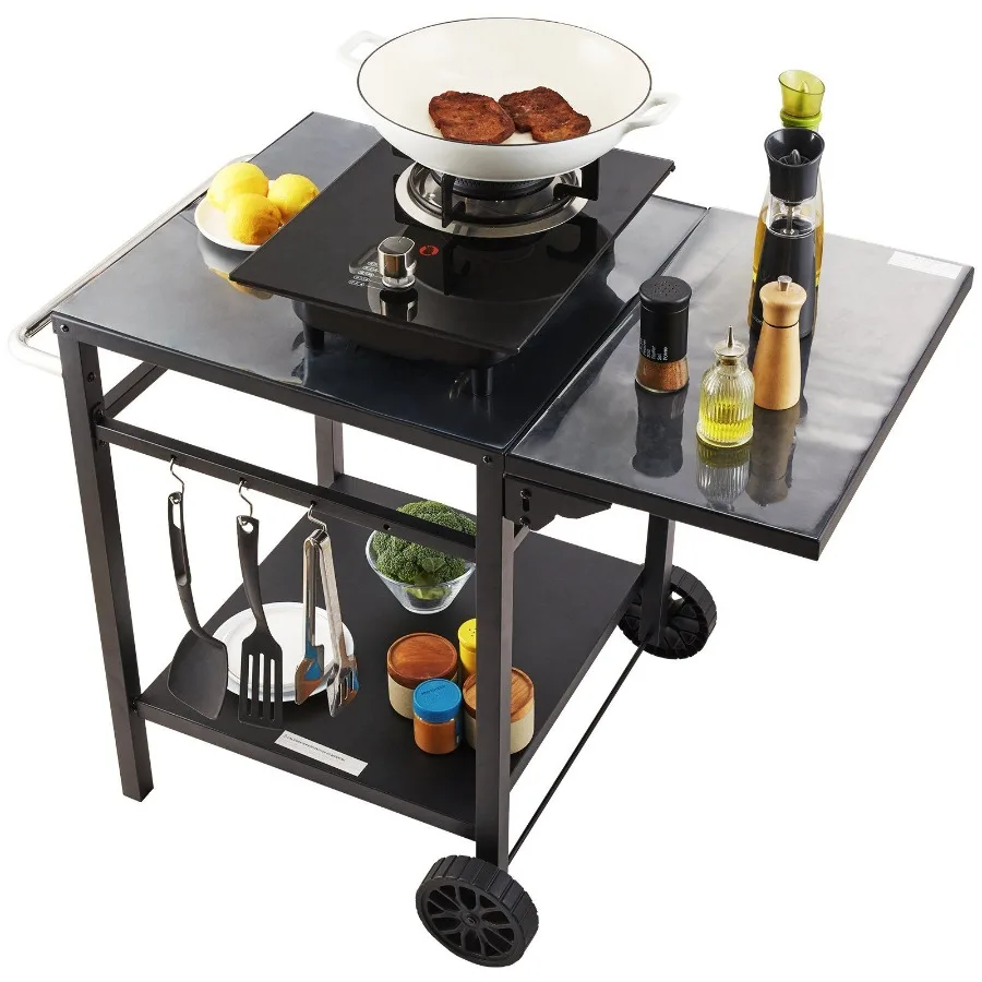 

Outdoor Grill Dining Cart with DoubleShelf BBQ Movable Food Prep Table Multifunctional Foldable Iron Table Top Portable Modula