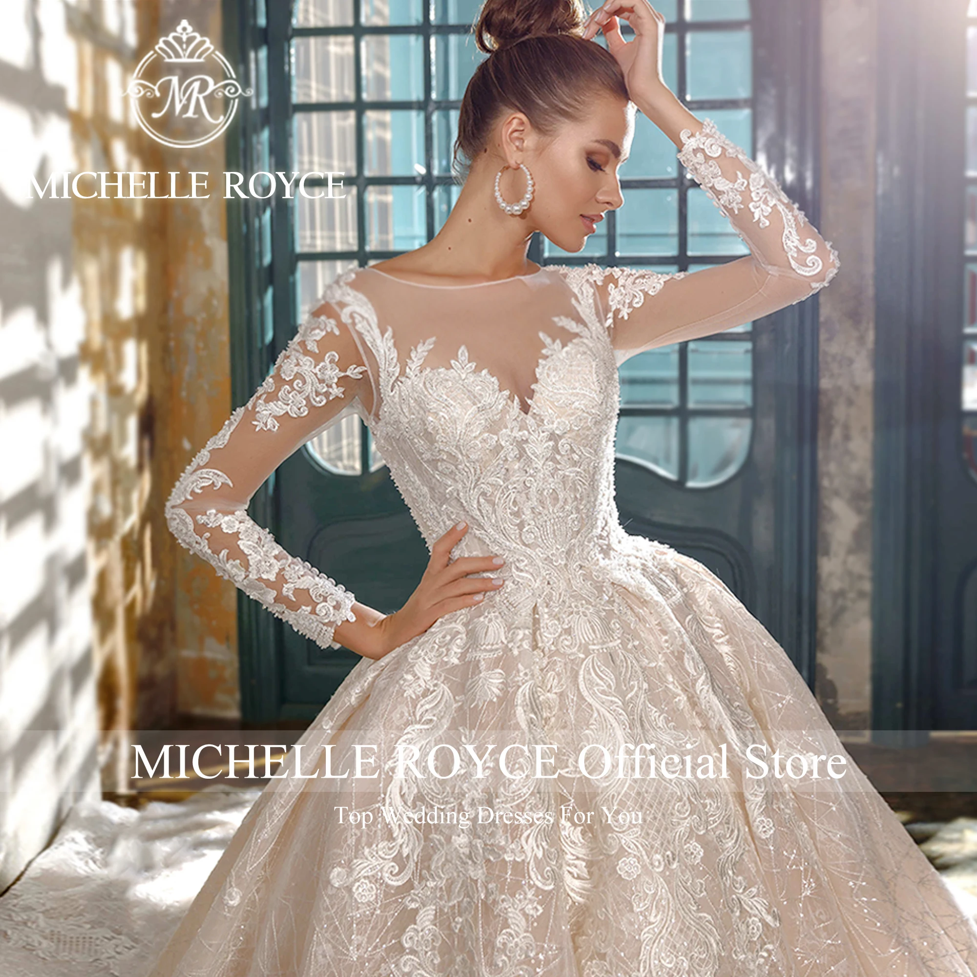 Michelle Royce หรูหราชุดแต่งงานสําหรับผู้หญิง Sweetheart Appliques Beaded เซ็กซี่แขนยาวชุดแต่งงาน Vestidos De Novia