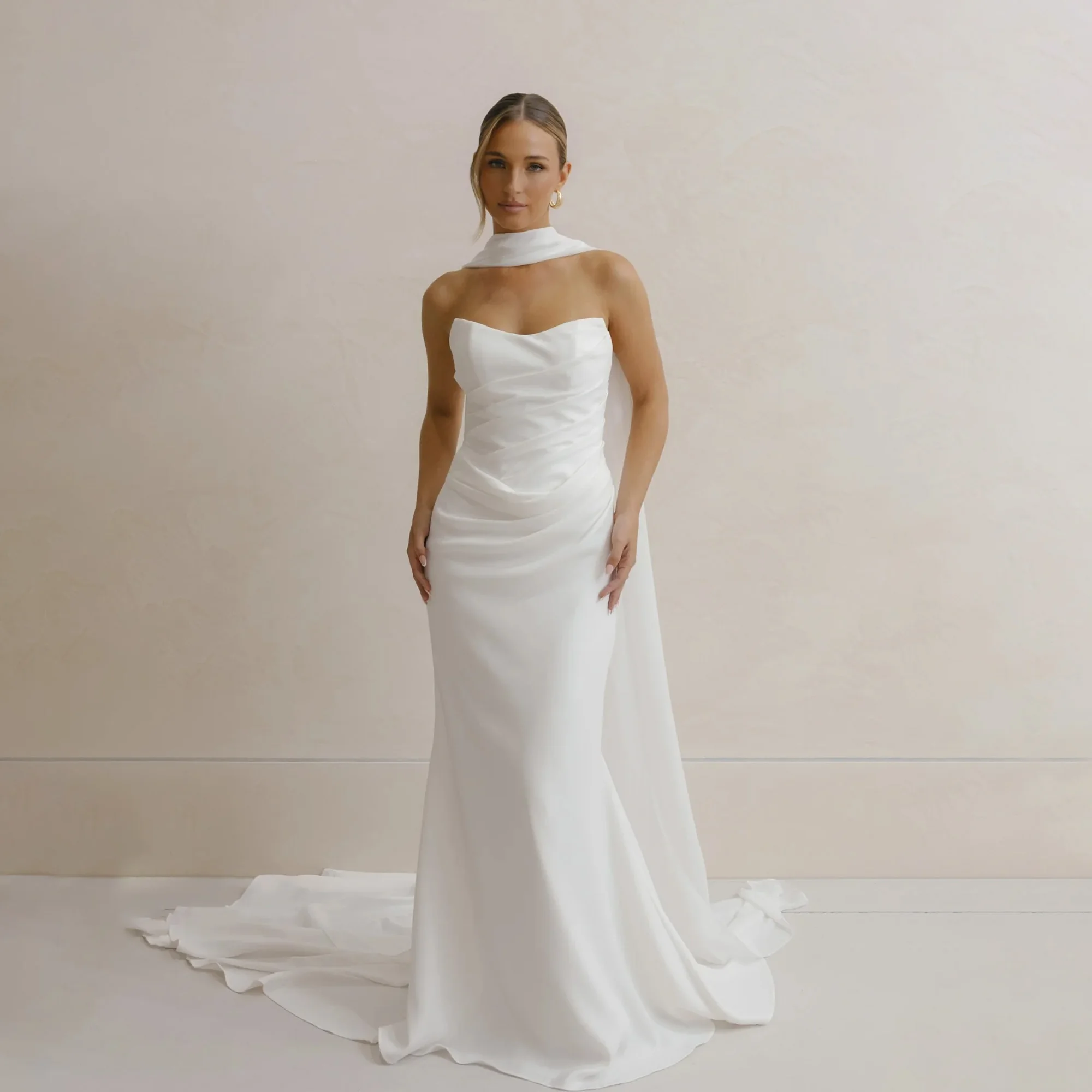 Ruched Mermaid Wedding Dresses 2026 Sleeveless Strapless Detachable Cape Bride Gowns Formal Church Wedding Ceremony