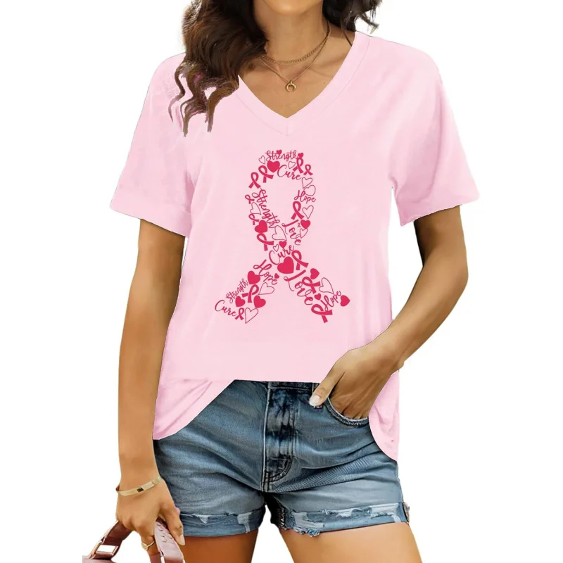 

Breast Cancer Women's Pink Ribbon Shirt Cancer Survivor V-Neck T-shirt