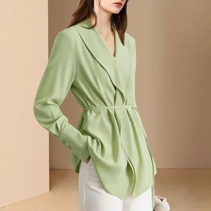 High End Gentle and Elegant Green Shirt Spring Women\'s New Top Temperament Waist Cinching and Slimming Shirt