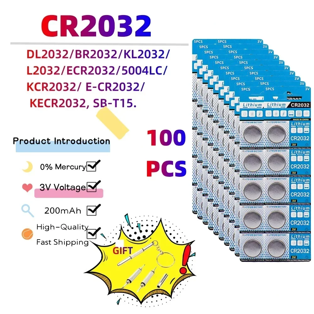 

Литиевая батарея CR2032 3 в, 100 шт., DL2032 ECR2032 BR2032 для игрушек, часов, автомобиля, пультов дистанционного управления, калькулятор, кнопка материнской платы, монетница