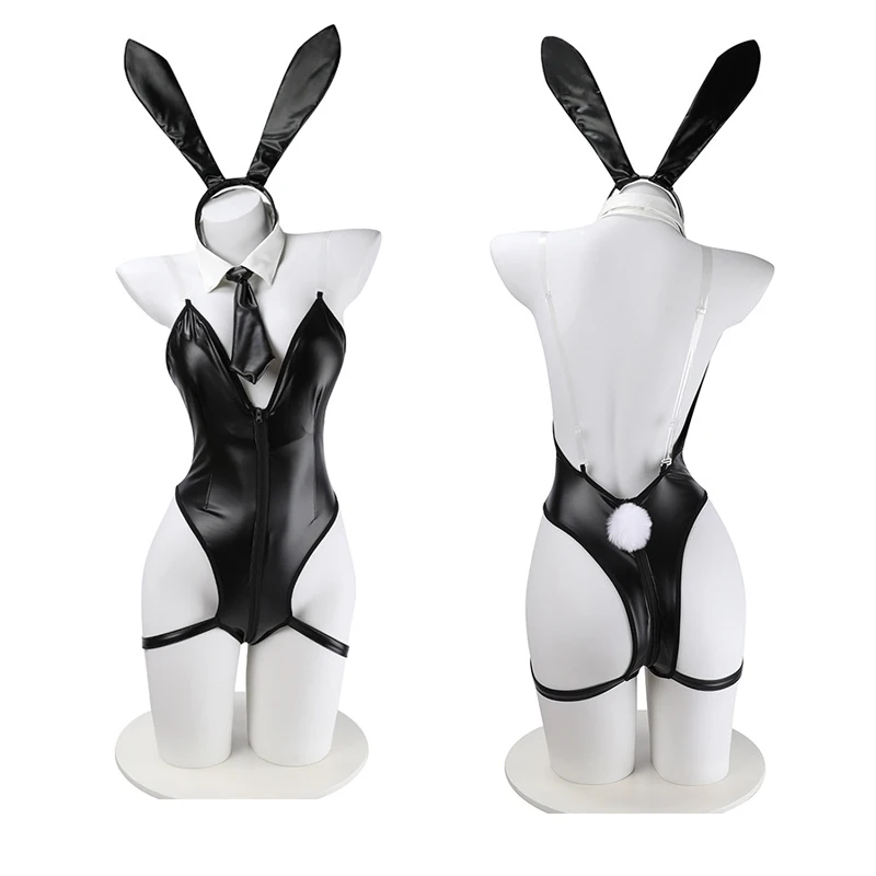 Cute Bunny Girl Zipper Up PU Leather Backless Jumpsuit Teddies Anime Halloween Cosplay Coffee Maid Rabbit Bodysuit Dropship