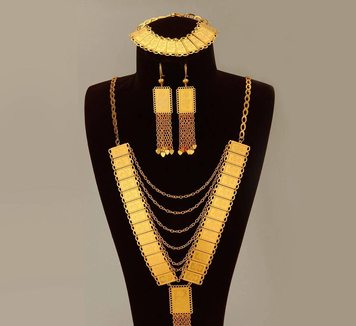 أزياء الشرق الأوسط دبي 24K مطلية بالذهب مخصصة قلادة أقراط أساور للأزواج حفل زفاف طقم مجوهرات DD10809 #1