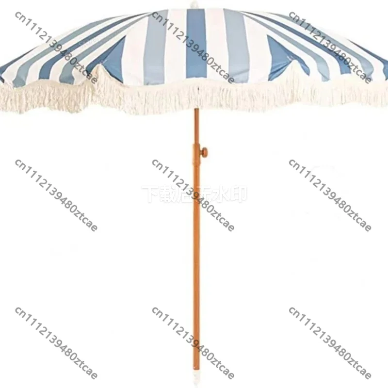2M Yellow Striped Tassel Umbrella Outdoor Sunshade Beach Umbrella Patio Camping