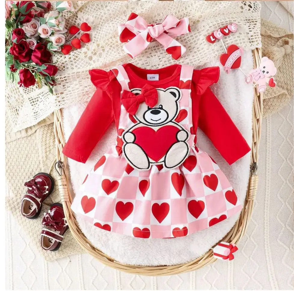 Ready To Ship Toddler Girl Embroidery Heart Bear Valentine's Rompers  Long Sleeve Dress Design Easter Girl Bunny Jumpsuit