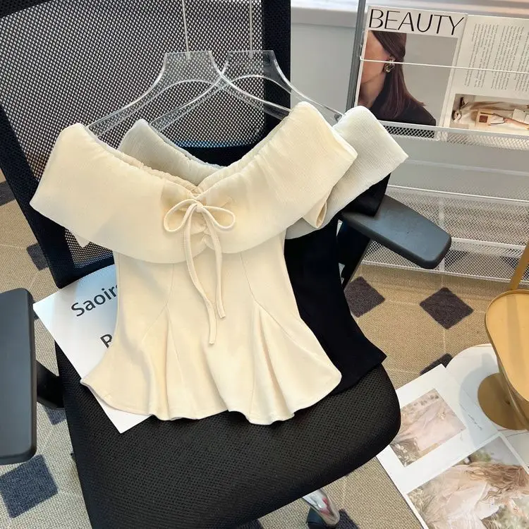 Advanced French Style Bow Shirt One Shoulder Sexy Waist Cinching Top Ropa De Mujer Graphic T Shirts Mesh Lace Crop Camisetas