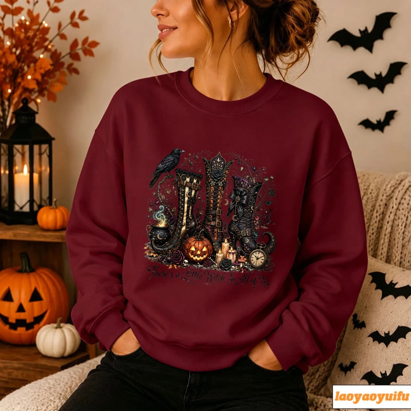 Halloween Witch Boots Crow Pumpkin Graphic Crewneck Sweatshirt Women Retro Gothic Magic Cauldron Clock Print Pullover Casual Top