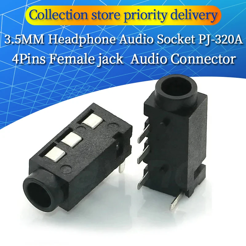 10Pcs 3.5MM Audio Jack Connector Through Holes PCB Horizontal 4 Contact 4 Conductor Right Angle No Internal Switch 4 Pole 10Pc