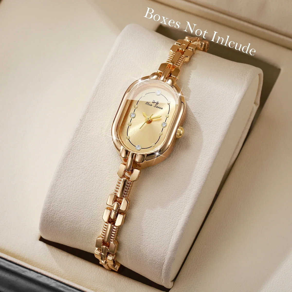 Luxury Gold Oval Women Watch Rhinestone Small Dial Elegant Bracelet Quartz Wristwatch for Ladies No Box