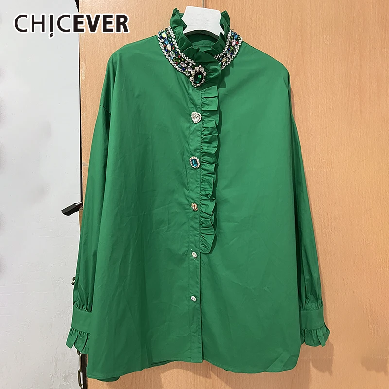 CHICEVER Spliced Diamond Shirts For Women Round Neck Long Sleeve Patchwork Botton Temperament Casual Loose Shirt Female Designer