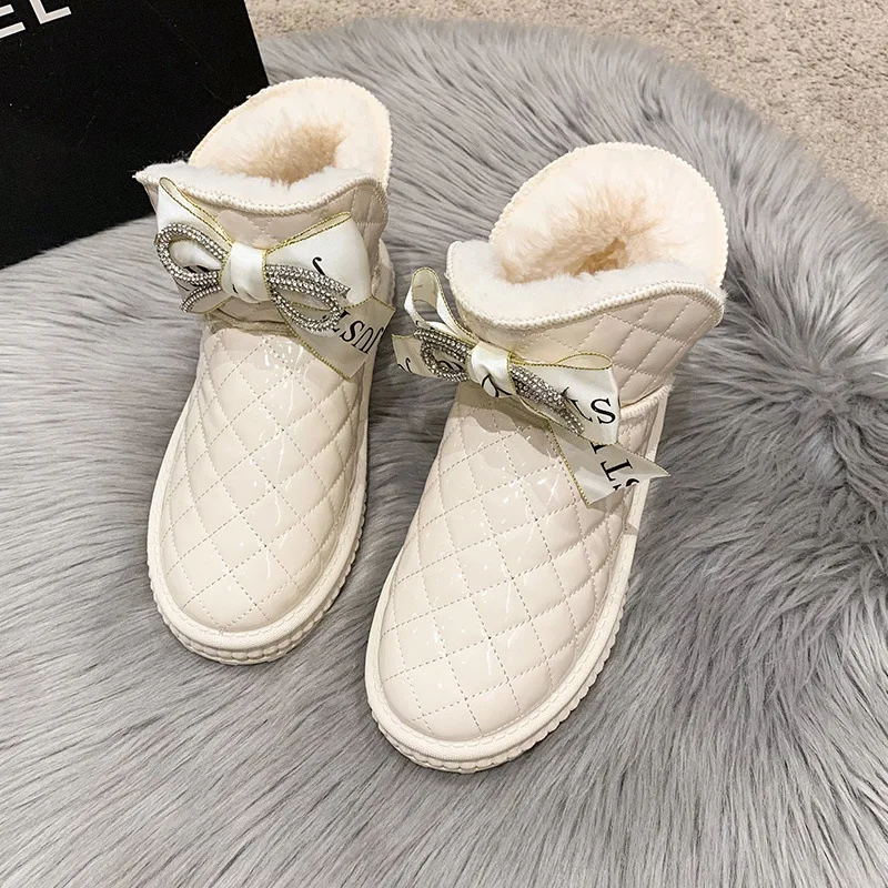 Women\'s Rubber Boots Plush Winter Footwear Luxury Designer  Female Shoes Boots-Women Crystal Flat Heel Australia Round Toe Rain