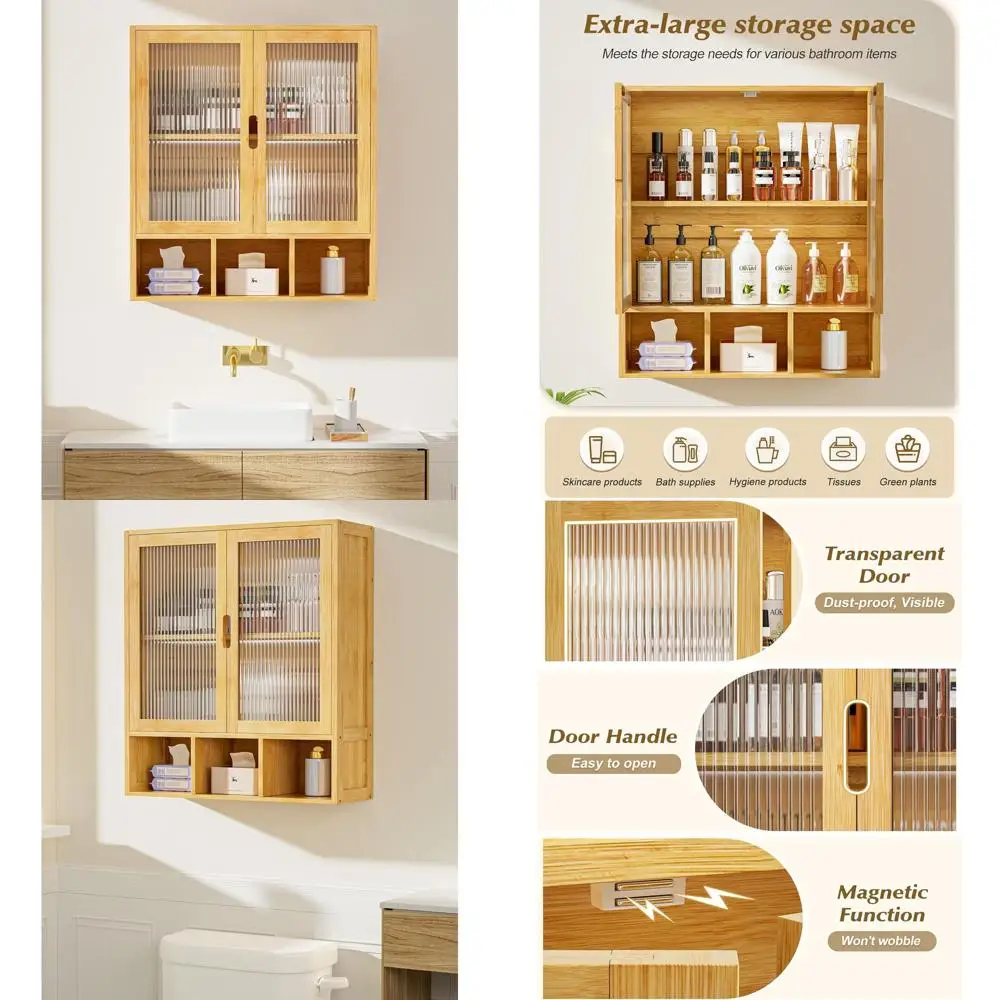 

Настенный шкаф для ванной комнаты с двумя матовыми дверцами, органайзер для лекарств из бамбука с открытым отделением, полка для хранения над унитазом Space Sa