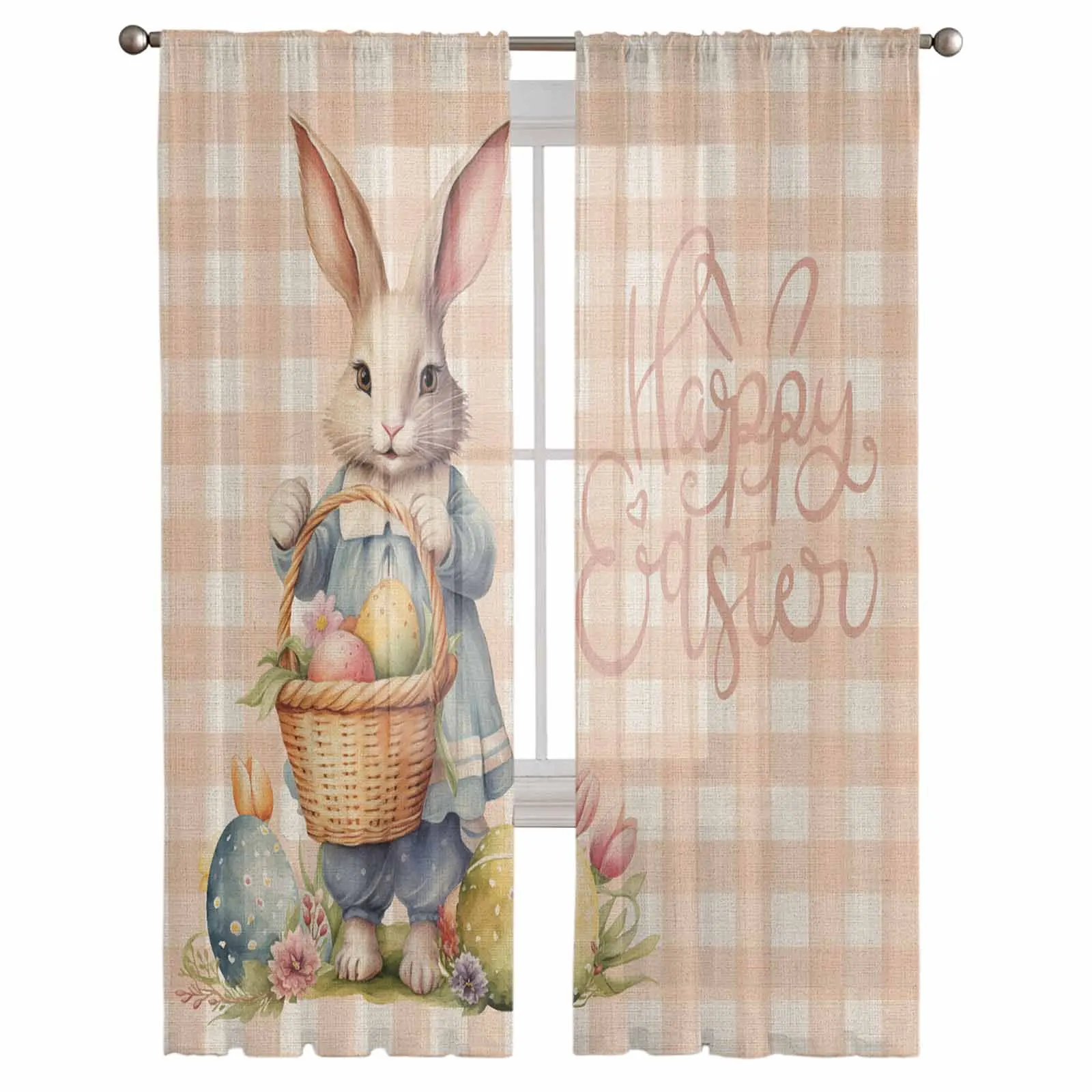 Easter Eggs Bunny Flower Plaid Voile Curtains for Bedroom Window Tulle Curtain for Living Room Sheer Blinds Drapes