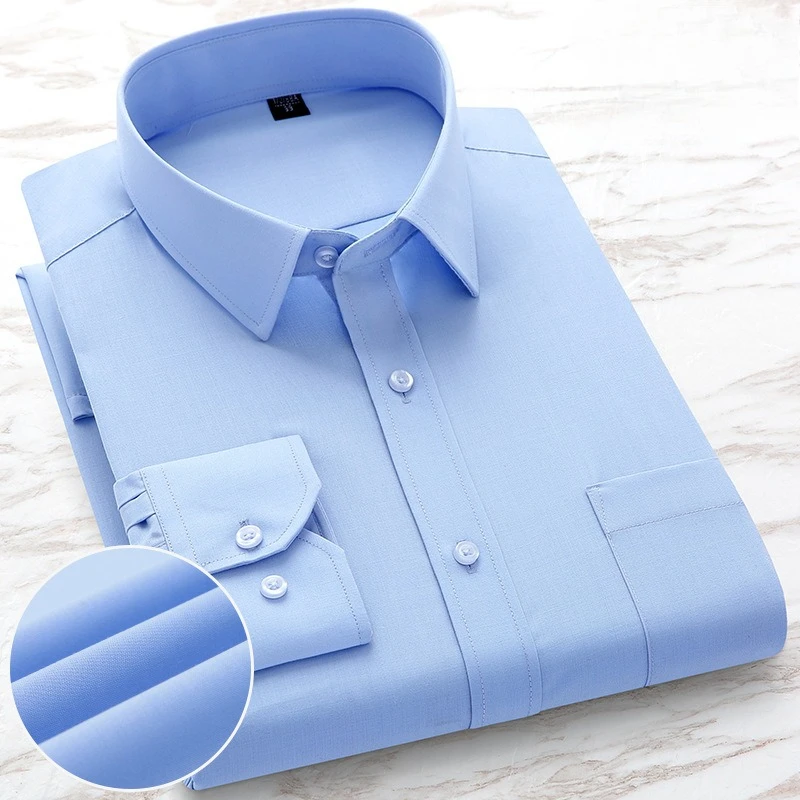 

8XL Bamboo Fiber Business Casual Work Blue White Shirt Men's Long Sleeve Slim Fit Formal Easy Care Office Men Shirt Long Sleeve