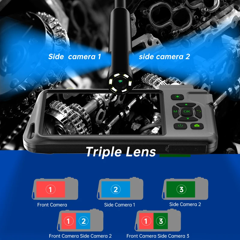 5'' IPS Screen Endoscope Camera for Dual Triple Lens Detachable Design IP67 Industrial Borescope Inspection Camera for Piping