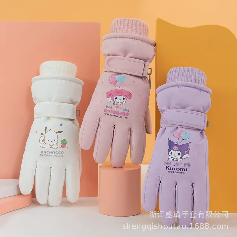 Sanrio Anime Gloves Kawaii Kuromi My Melody Cinnamoroll Students Cycling Windproof Non-Slip Velvet Thick Gloves Gift for Kids