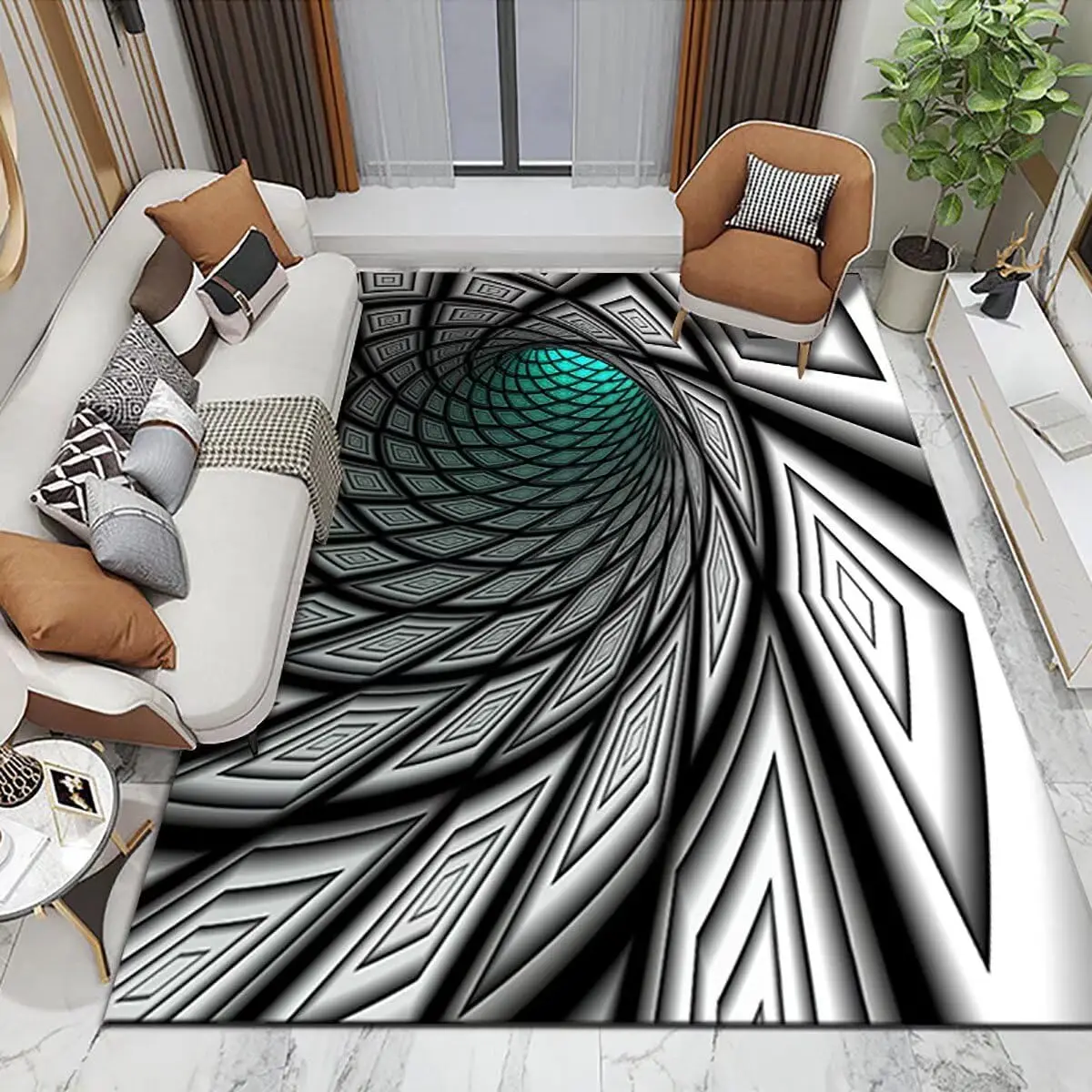 Geometric Sqaure Pattern 3D Vortex Visual Illusion Area Rug Modern Time Tunnel Kids Playroom Bedroom Floor Carpet Rugs Mat