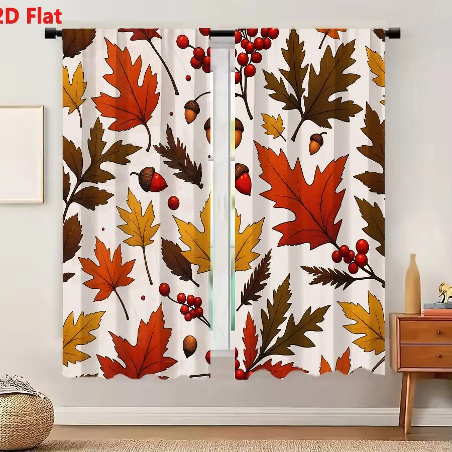 2Pcs Curtains 2D Flat Autumn Seamless Pattern With Orange Yellow Brown Leaves Red Berries And Acorns On Light Beige Background W
