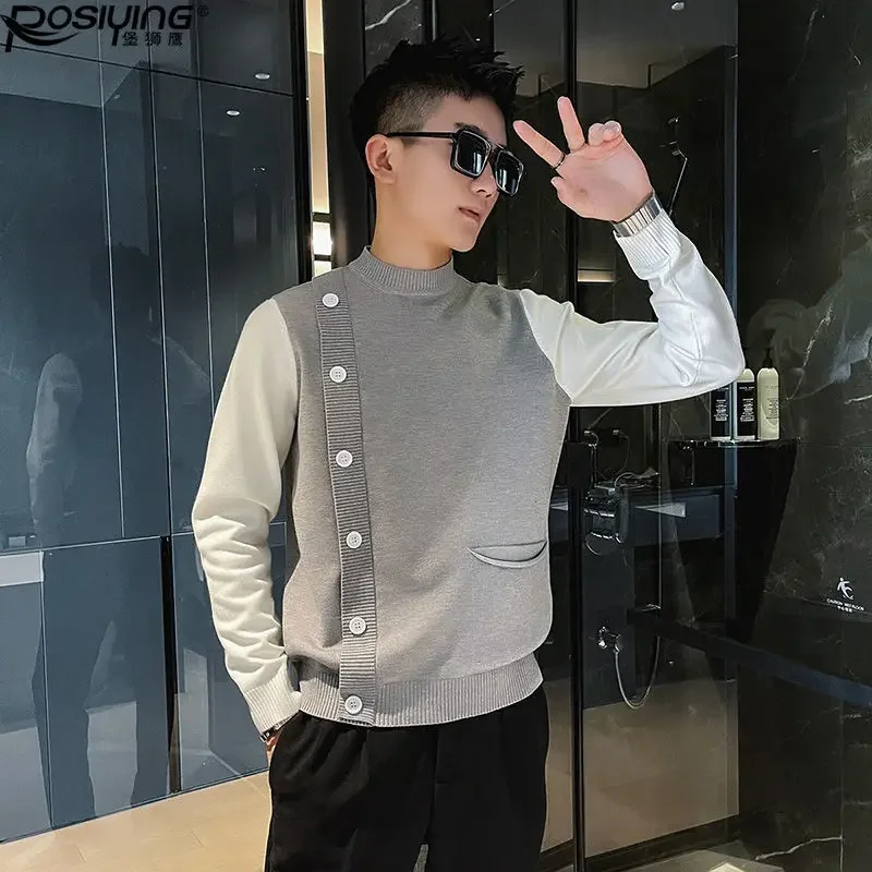 

Juspinice Sweater Men's Spring Autumn Bottoming Shirt New Fashion Fake Two-piece Knitted Buttons Round Neck Tops Pullovers