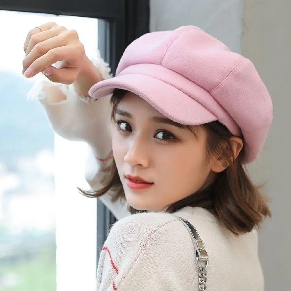 Fashion Solid Color Newsboy Cap Woolen Fabric Keep Warm Beret Hat Adjustable Strap Casual Wear Octagonal Cap Autumn Winter