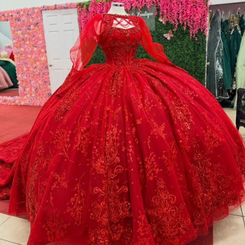 Shiny Red Quinceanera Dress off-shoulder Glitter Crystal Bead Decal Layering Long tail Bow vestidos de 15 Quinceanera ﻿Customize