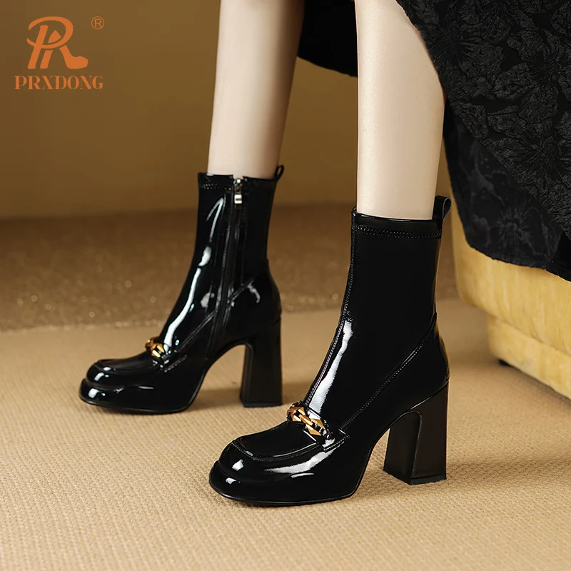 PRXDONG 2023 New Fashion Autumn Winter Shoes Square High Heels Platform Black Wine Red Dress Party Female Ankle Boots Size 34-39