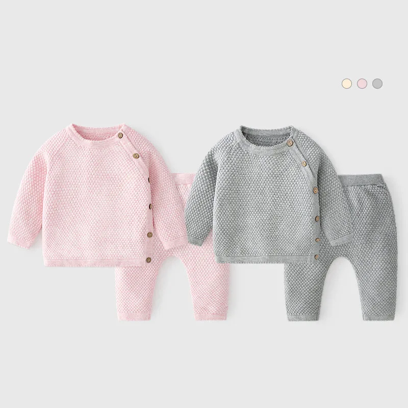 new Spring Autumn Newborn Girls 2PCS Sleep Set Solid Wave Point Side Buckle Knitwear Cotton Elastic Pants Suit Baby Girl Pajamas