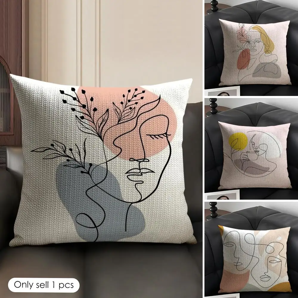 Abstract Face Collection Cushion Cover Natural Linen Organic Fabric Double-Sided Printing Breathable Perfect Gift For Decor