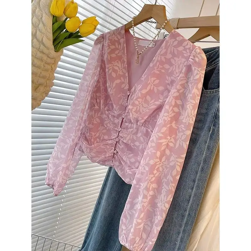 Women Stylish Sweet Chic Print Beaded Button Up Shirts Spring Summer Elegant Ruched Slim Blouses Casual V Neck Long Sleeve Tops